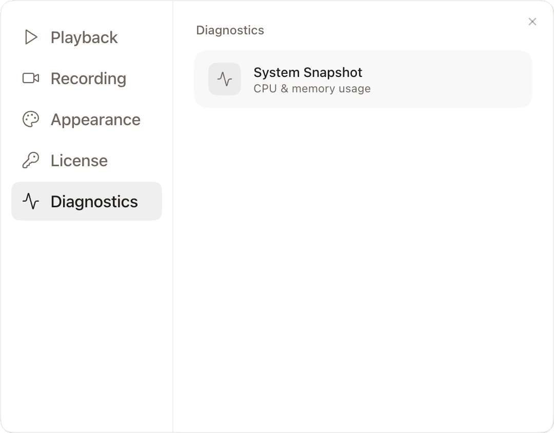 Settings Diagnostics tab with a live system snapshot