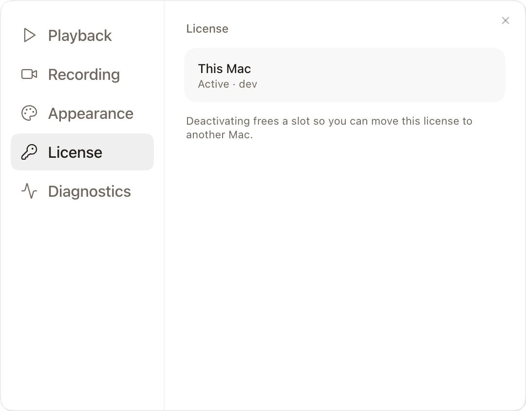 Settings License tab showing this Mac's activation status